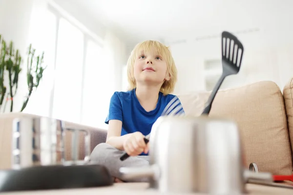 Mischievous Preschooler Boy Play Music Using Kitchen Tools Utensils Home — Stock Photo, Image