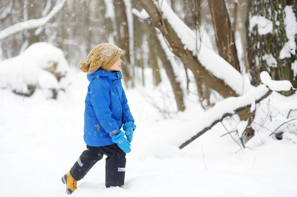 Mały Chłopiec Bawiący Się Świeżym Śniegiem Podczas Opadów Śniegu Lesie — Zdjęcie stockowe