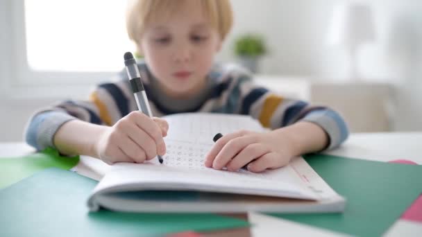 Niño Estudiante Primaria Haciendo Tarea Matemáticas Casa Niño Aprendiendo Contar — Vídeo de stock