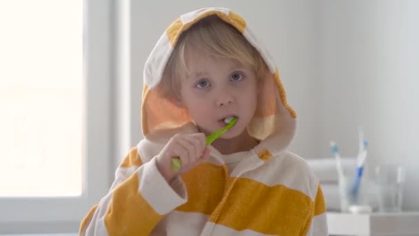 Preschooler Boy Cleaned Teeth Dental Floss Brushing His Teeth Toothbrush — Stock Video