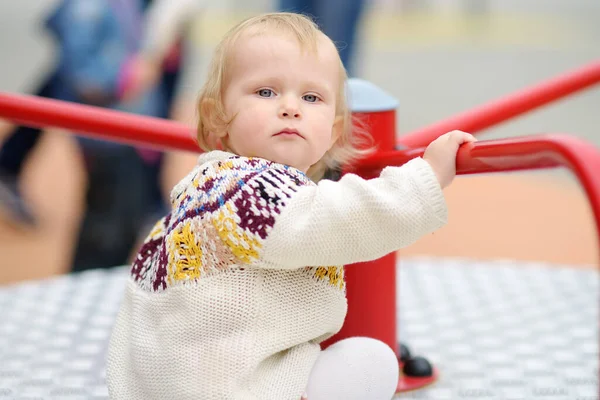 Cute Toddler Girl Having Fun Outdoor Playground Baby Rides Carousel — Stock Photo, Image