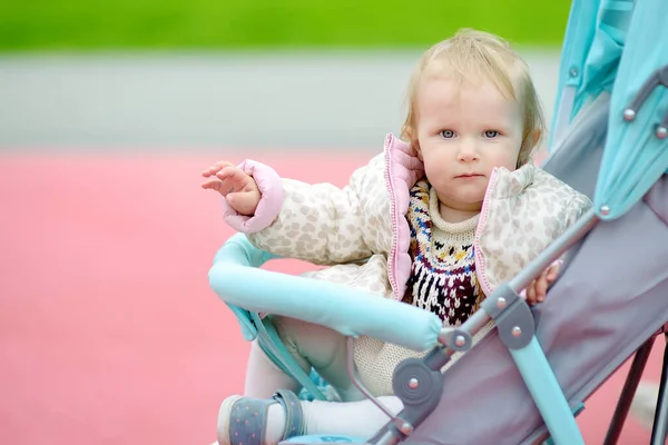 Adorable Toddler Girl Riding Baby Stroller Stroll Active Leisure Walking — Stock Photo, Image