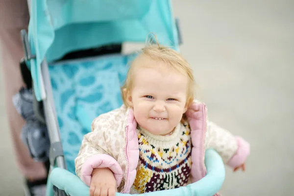 Funny Cute Toddler Girl Riding Baby Stroller Stroll Active Leisure — Stock Photo, Image