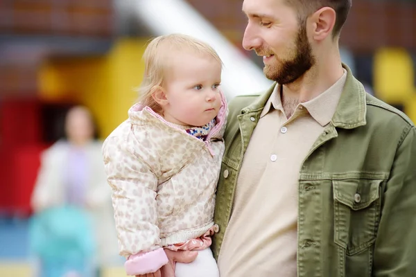 Cute Toddler Girl Having Fun Outdoor Playground Young Father Playing — Stock Photo, Image