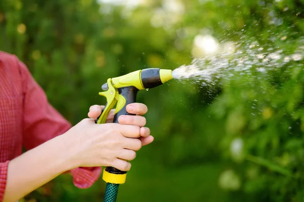 Wanita Tukang Kebun Menyiram Tanaman Dengan Selang Dengan Sprinkler Halaman — Stok Foto