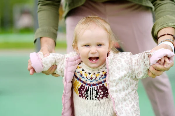 Cute Toddler Girl Having Fun Outdoor Playground Young Father Teaching — Stock Photo, Image