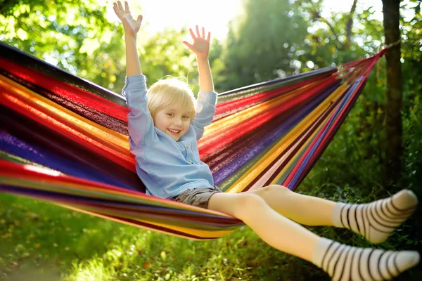 Cute Little Blond Caucasian Boy Having Fun Multicolored Hammock Backyard — Stock Photo, Image