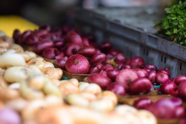 Süpermarkette ya da sokak çiftçisi pazarında taze biyo-soğan. Tipik yerel tarım fuarı. Organik soğan satışı. Vejetaryen yemeği. Küçük yerel işletme.