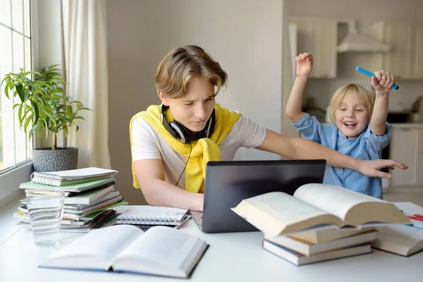 Mladý Chlapec Doma Studuje Jeho Mladší Bratr Křičí Vyrušuje Online — Stock fotografie