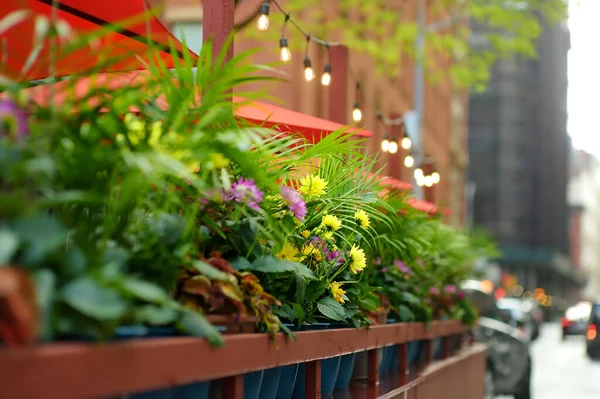 Straßencafé Manhattan Restaurant Freien Unter Sonnenschirmen Und Modedekoration Mit Blumen — Stockfoto