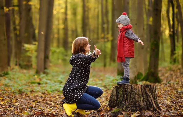 Malý Chlapec Svou Mladou Matkou Při Procházce Lese Aktivní Čas — Stock fotografie