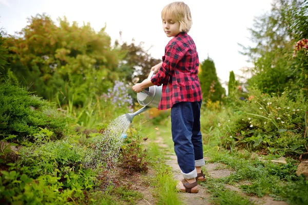 Anak Kecil Yang Lucu Menyiram Tanaman Kebun Saat Musim Panas — Stok Foto