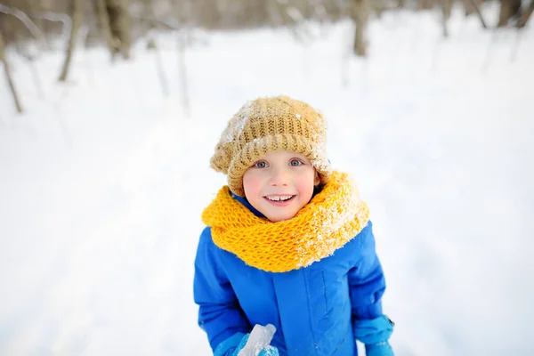 晴れた冬の日に森の中でつららと遊ぶのを楽しんでいる小さな男の子 暖かい服 手の手袋 スカーフで身を包んだ子供 雪の中で自然の中で子供のためのアクティブな屋外レジャー — ストック写真