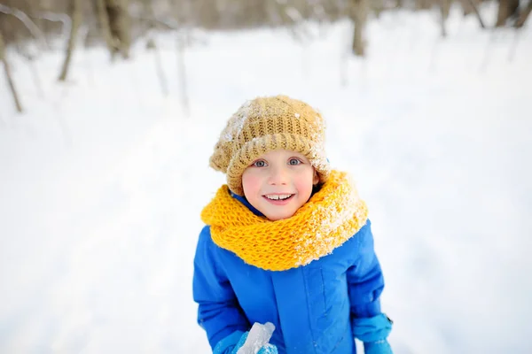 Niño Divirtiéndose Jugando Con Carámbano Bosque Soleado Día Invierno Niño — Foto de Stock