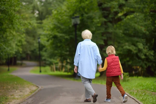 Starší Babička Její Vnoučátko Spolu Chodí Slunečného Letního Parku Přátelství — Stock fotografie