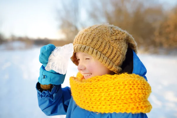 Menino Divertindo Brincando Com Gelo Floresta Dia Ensolarado Inverno Bebê — Fotografia de Stock