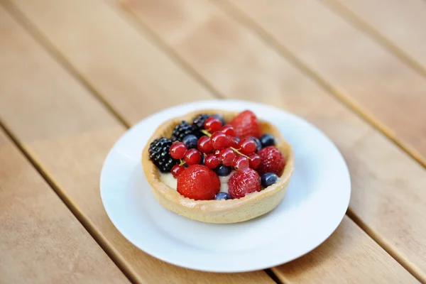 Puddingfruchttorte auf weißem Teller — Stockfoto