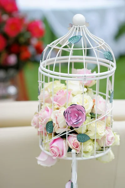 White cage with natural roses — Stock Photo, Image
