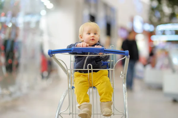 Menino no carrinho de compras — Fotografia de Stock