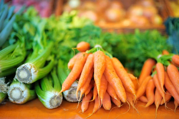 新鲜的茴香和胡萝卜放在农业市场 — 图库照片