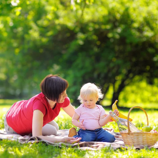 中年女人和她的小孙子在阳光明媚的公园 免版税图库图片
