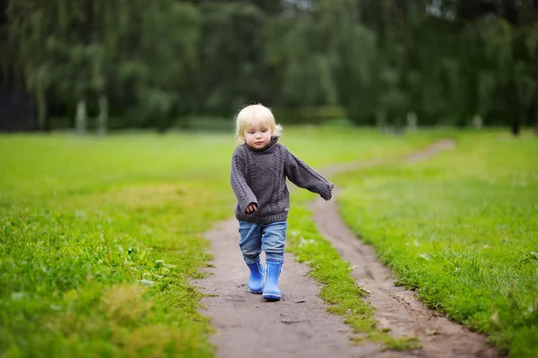 Sonbahar gününde yürüme yürümeye başlayan çocuk — Stok fotoğraf