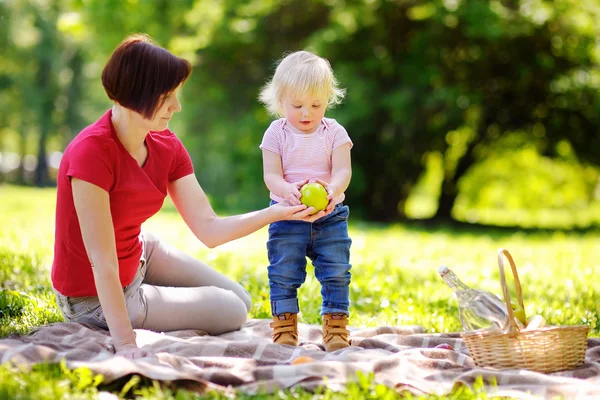 Schöne Frau und ihr kleiner Enkel beim Picknick — Stockfoto