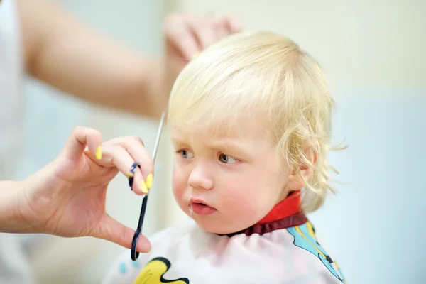 Toddler child getting his first haircut