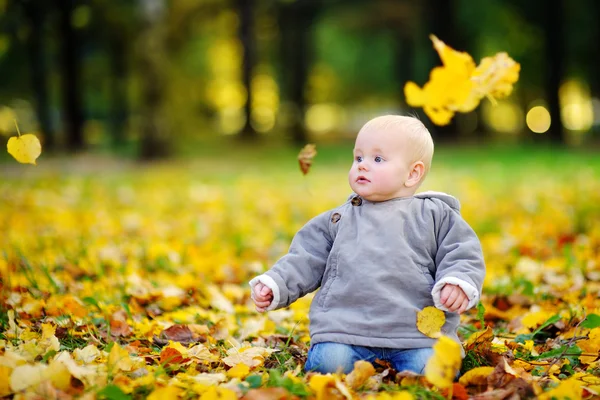 Glad liten baby i höst park — Stockfoto