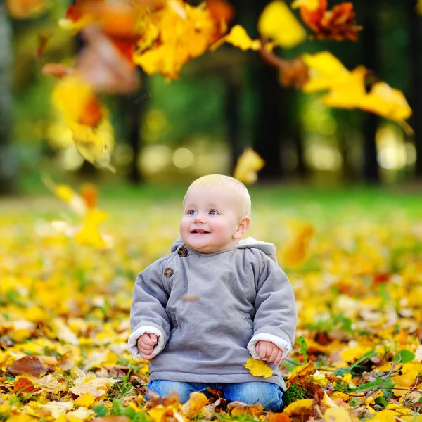 Piccolo bambino felice nel parco autunnale — Foto Stock