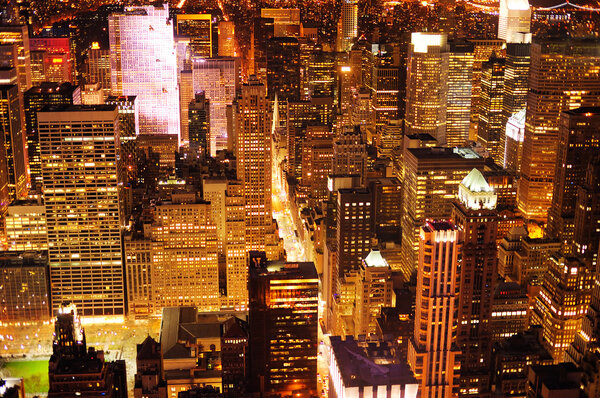 Aerial view of Manhattan New York at night