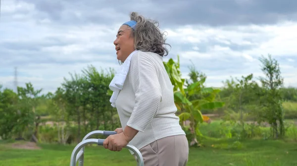 Gelukkig Aziatische Senior Gepensioneerde Vrouw Met Behulp Van Walking Frame — Stockfoto