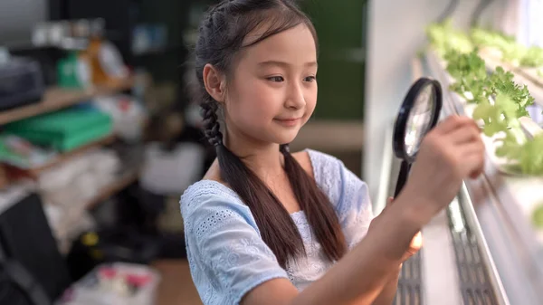 Schattig Klein Aziatisch Meisje Het Hebben Van Plezier Hydro Boerderij — Stockfoto