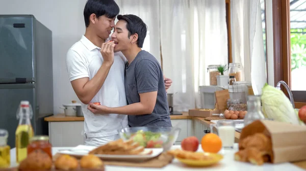 Asian Gay Couple Homosexual Cooking Together Kitchen — Stock Photo, Image