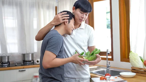 Asian Gay Couple Homosexual Cooking Together Kitchen — Stock Photo, Image