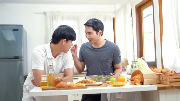 Asian Gay Couple Homosexual Cooking Together Kitchen — Stock Photo, Image