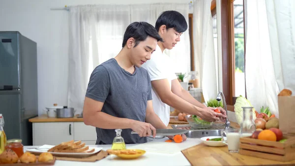 Asian Gay Couple Homosexual Cooking Together Kitchen — Stock Photo, Image