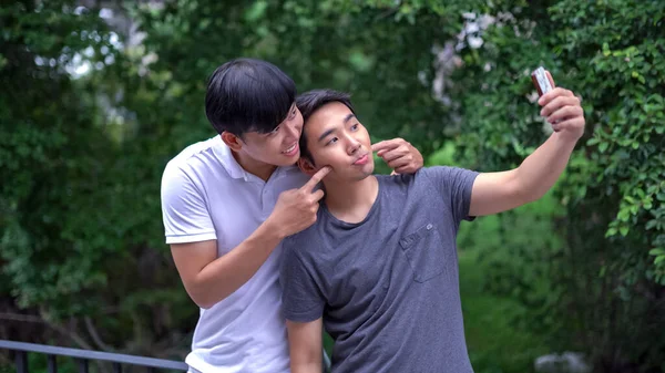 Young Asian Gay Couple Happy Outdoor — Stock Photo, Image