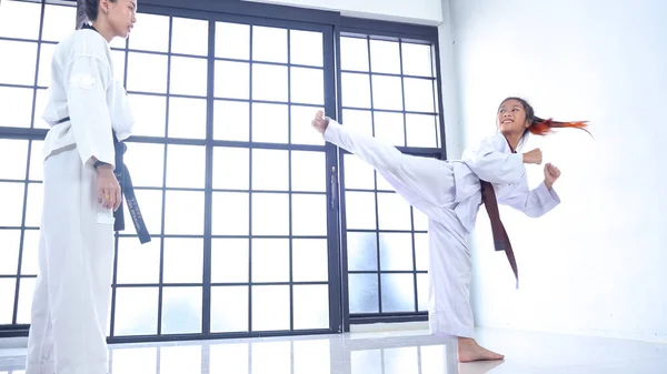 Lehrerin Unterrichtet Taekwondo Mädchen Koreanische Kampfkunst — Stockfoto