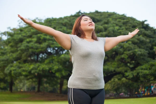 Mujer gorda feliz posando al aire libre Imagen de stock