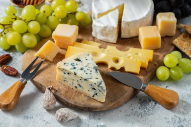 Tahta tabakta peynir tadı. Şarap ve romantik randevu için yemek, açık beton arka planda peynir şarküteri.