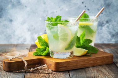 İki bardak limonata ya da naneli mojito kokteyli soğuk, ferahlatıcı içecek ya da buzlu, mavi arka planda buzlu içecek. Boşluğu kopyala
