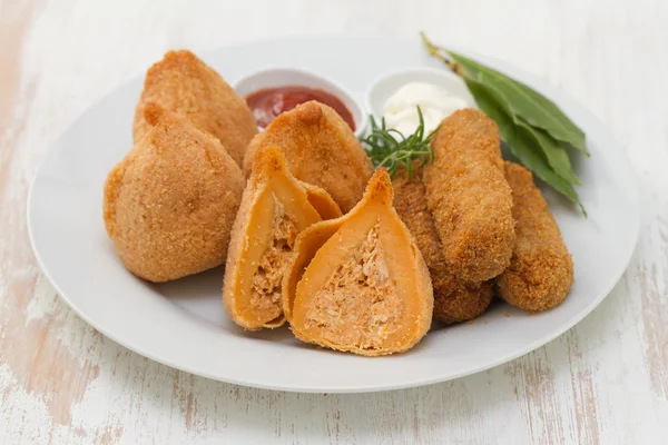 Portuguese appetizers with sauces on white plate — Stock Photo, Image