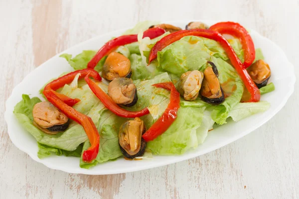 Ensalada con mejillones en plato blanco — Foto de Stock