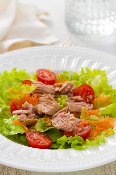 Салат из тунца на белой тарелке — стоковое фото