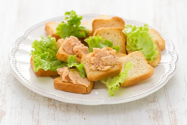 Toasts mit Pastete auf weißem Teller — Stockfoto