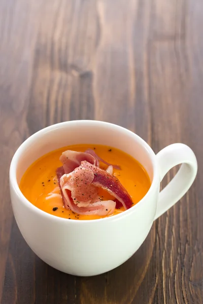 Cold soup with smoked meat in white cup — Stock Photo, Image