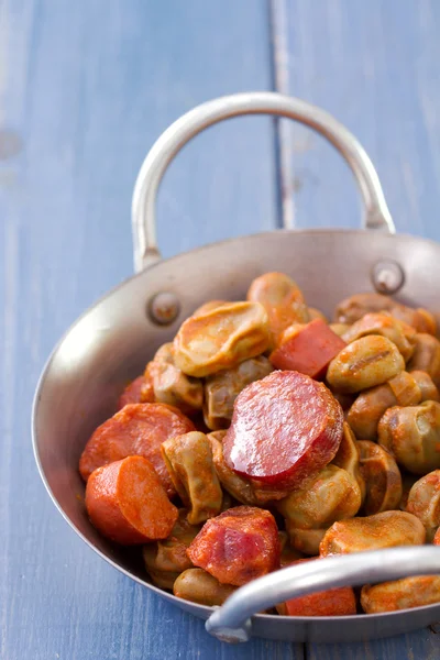 Smoked sausages with beans — Stock Photo, Image