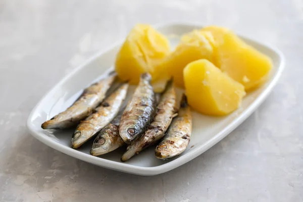 Fried Sardines Boiled Potato White Dish Grey Ceramic Background — Stock Photo, Image