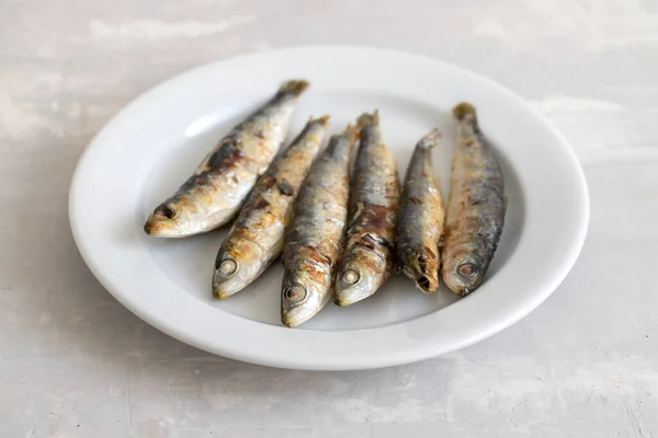 Жареные сардины на белом маленьком блюде — стоковое фото